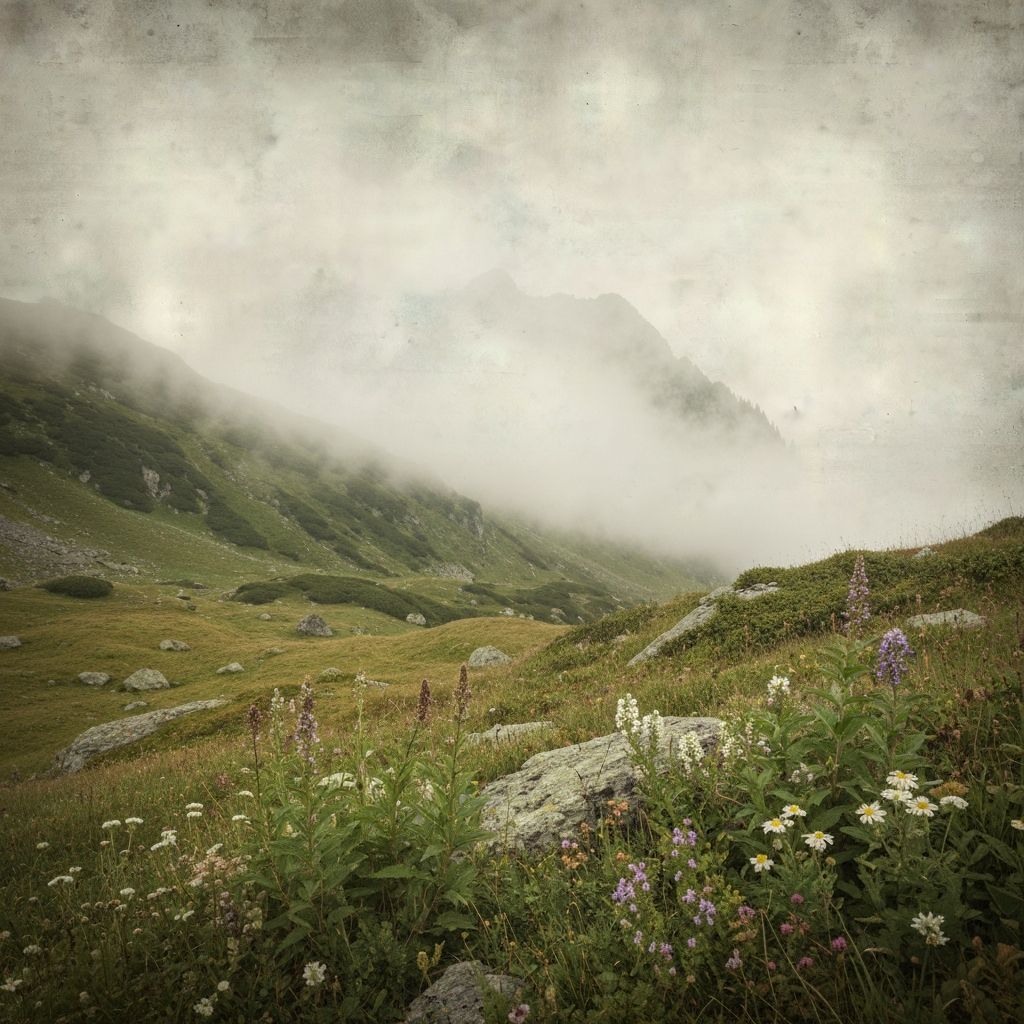 Misty Swiss Alpine mountain landscape with native herbs