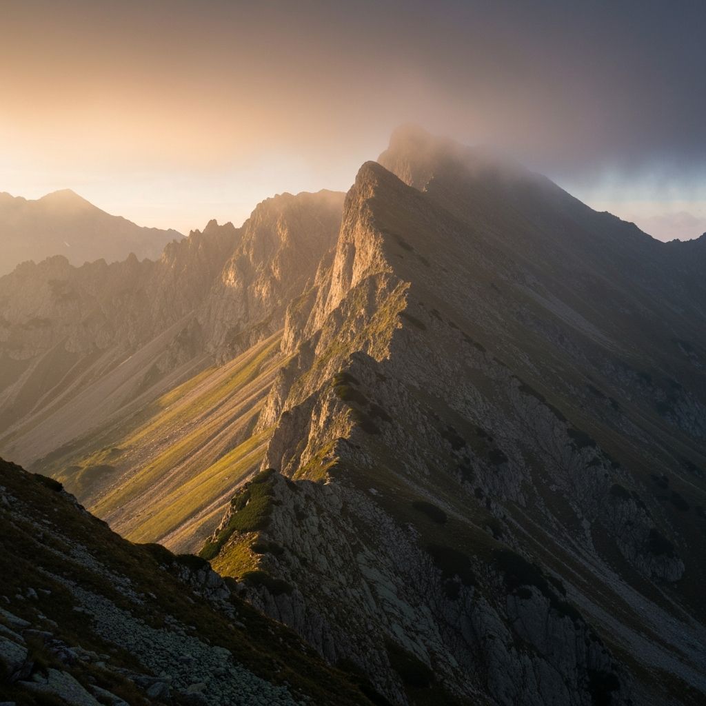 Alpine ridge at sunset with misty atmosphere